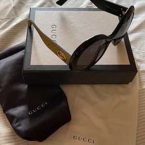 Gucci Gold Glitter Arms Black Frame & Grey Lens Women Round Sunglasses